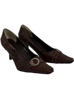 In&Out Brown Retro Y2K 90s Heels Size 38 7.5 Studded Beads Studs 2.5" Heel Women